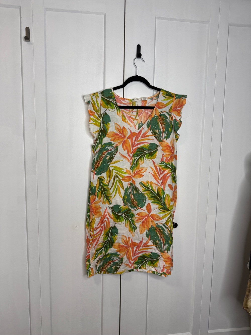 Nicole Miller Tropical Leaf Print Sleeveless Linen Shift Dress - Green & Orange